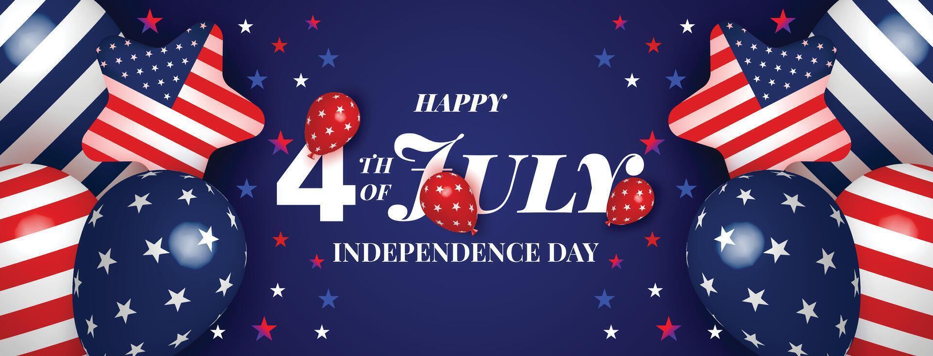 Patriotic 4th of July independence day banner with American flag elements, stars, and balloons in a festive dark blue theme vector