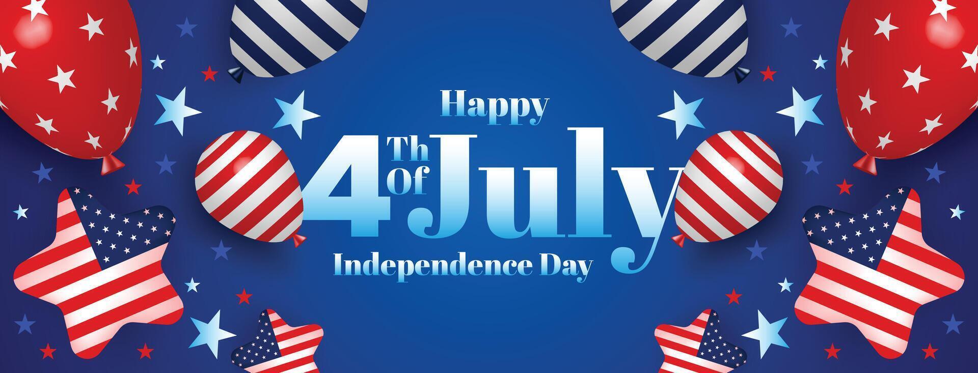 Modern blue 4th of July independence day background with American flag balloons, stars, and abstract patriotic elements vector