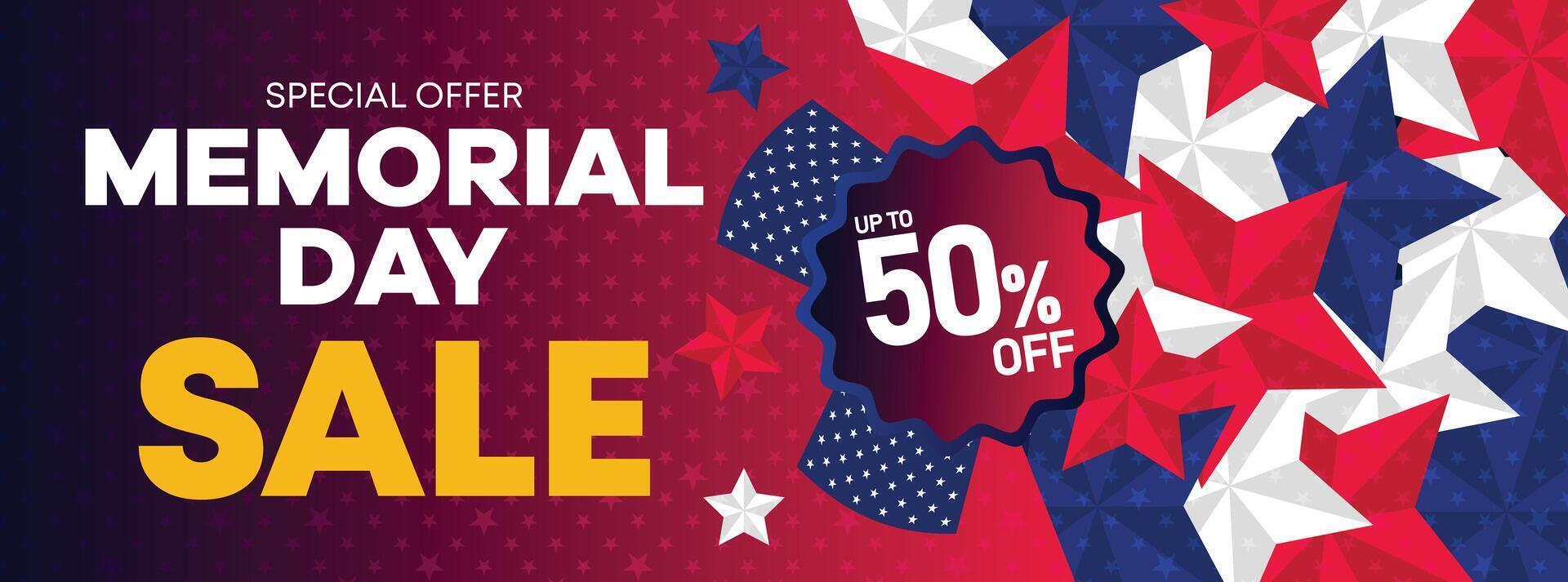 Patriotic Memorial Day sale banner with red, white, and blue stars and 50 percent off offer for promotions, sales events, and online advertisements vector