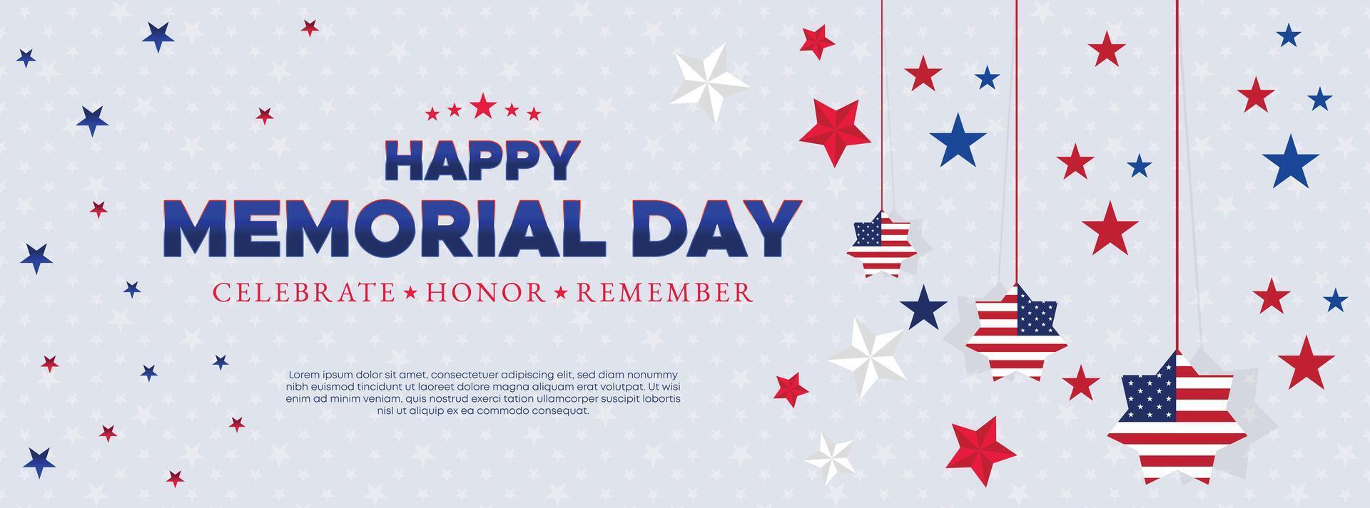 Patriotic Memorial Day banner with red, white, and blue stars and flag elements for marketing, promotions, and website headers vector