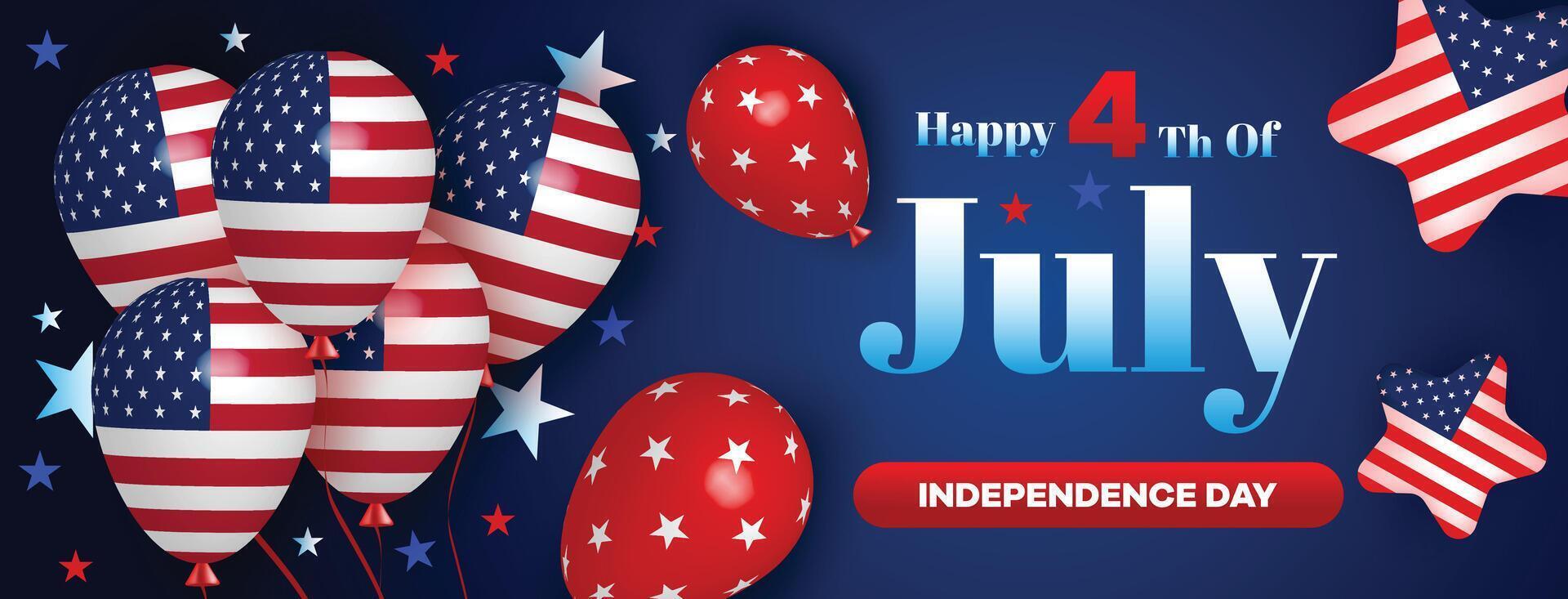 Dark blue 4th of July independence day banner with American flag balloons, patriotic elements, and festive USA celebration theme vector