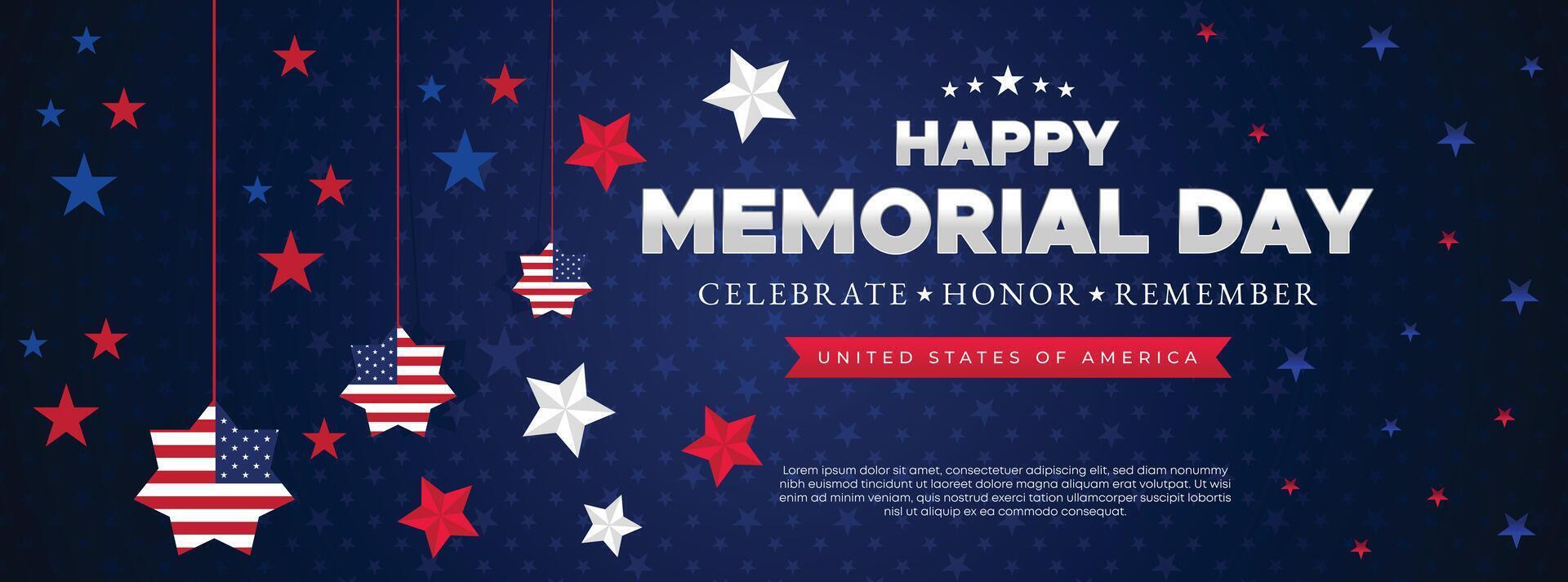 Memorial Day themed banner with red, white, and blue stars and hanging decorations for marketing and advertising campaigns vector