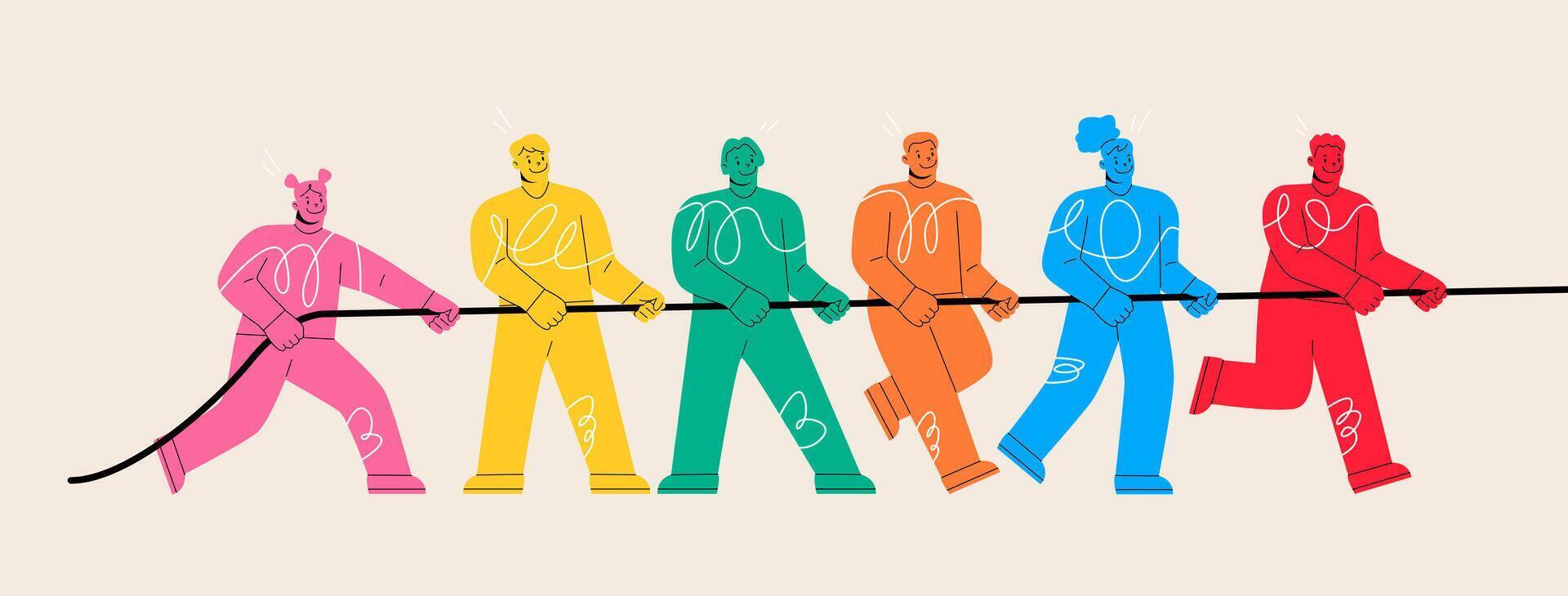 Man and woman pulling rope together teamwork power. Partnership support concept. Colorful illustration vector