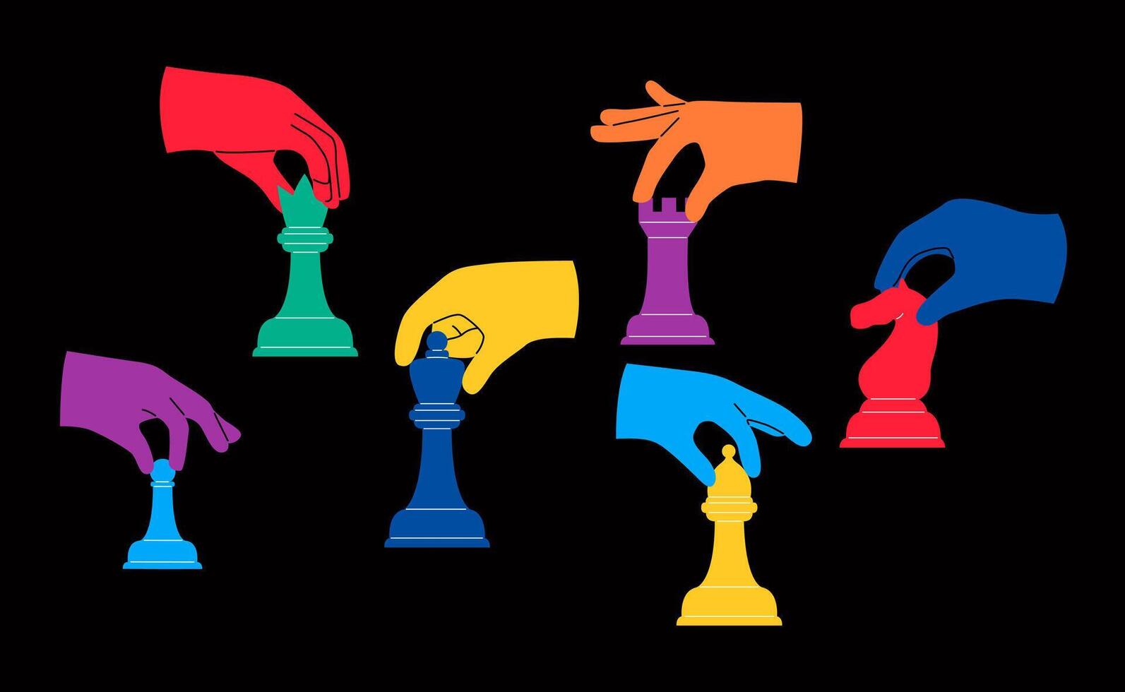 Hands with chess pieces set isolated on black background. Colorful illustration vector