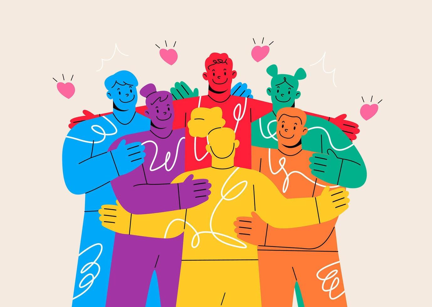 Group of people hug cuddle show unity and bonding. Friendship, support concept. Colorful illustration vector