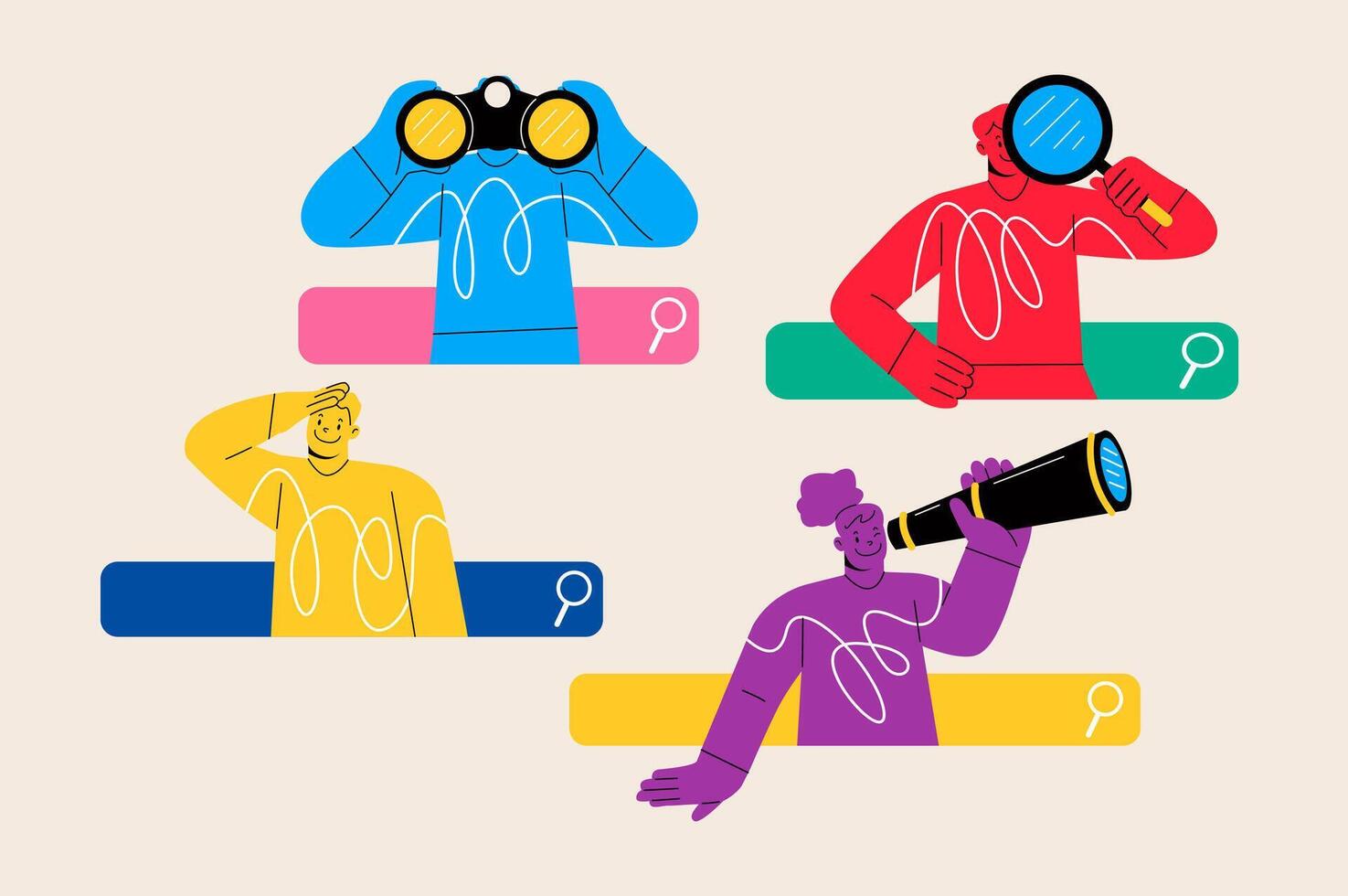 SEO concept. Search bars and people browsing online information. Colorful illustration vector