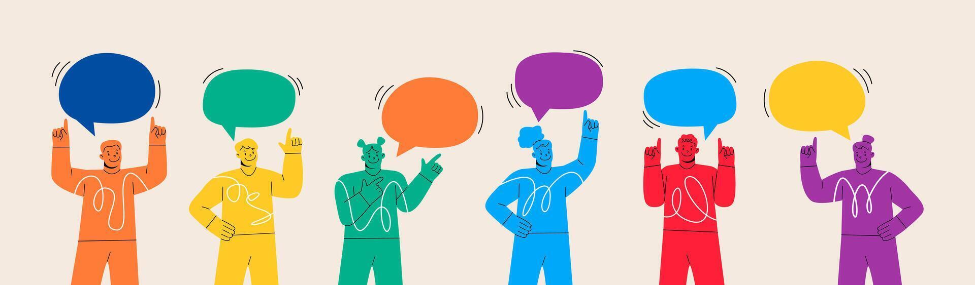 Group of man and woman talking something. Speech bubble above. Colorful illustration vector