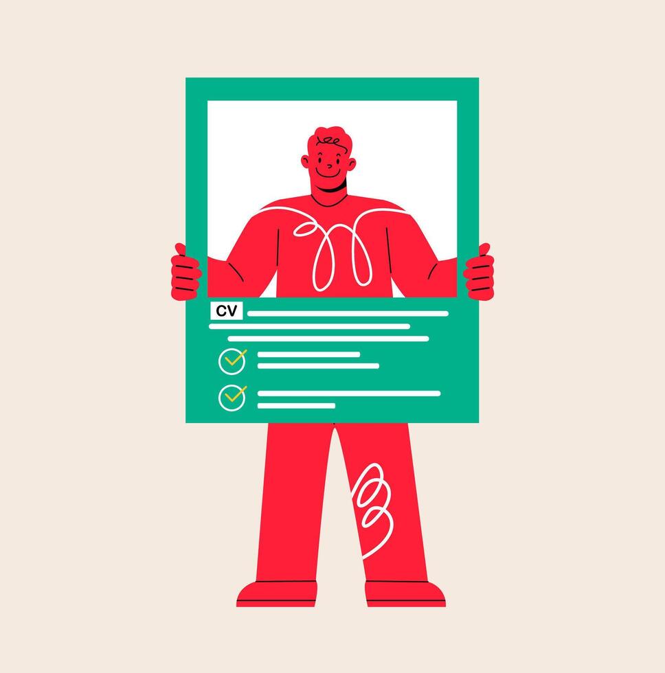 Applicant man Holding Cv or Curriculum Vitae Professional Staff Recruitment Concept. Colorful illustration vector