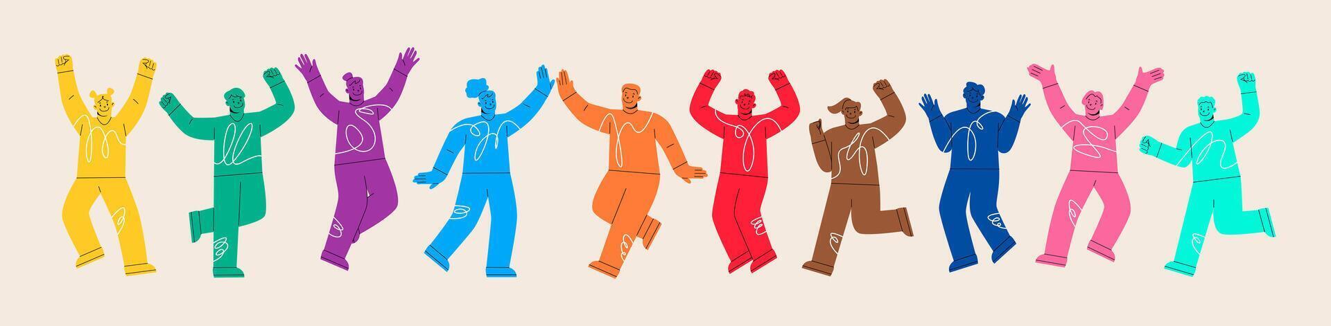 Happy group of people jumping. The concept of happiness, joy and success. Colorful illustration vector