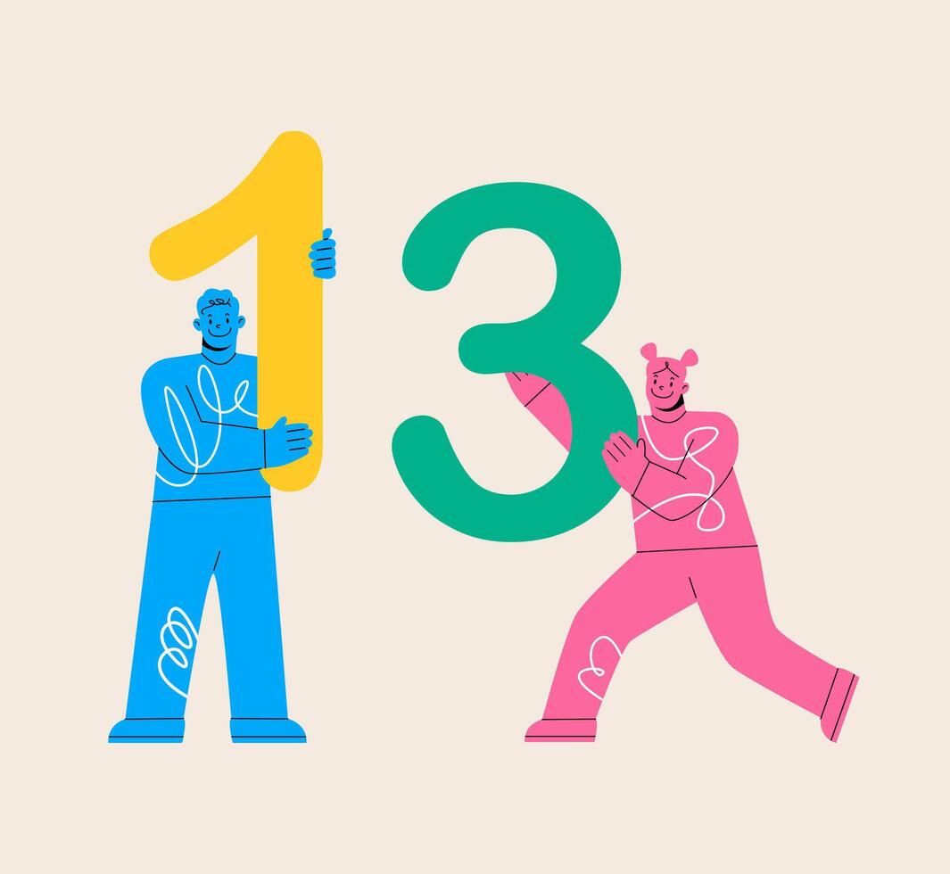 Man and woman hold numbers one and three. Colorful illustration vector