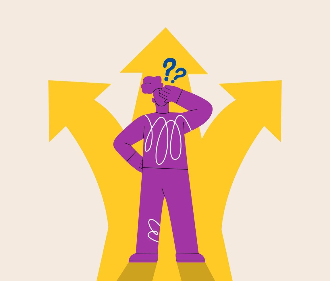 Woman before choosing. Crossroads arrows. Decide direction. Choice way concept. Colorful illustration vector
