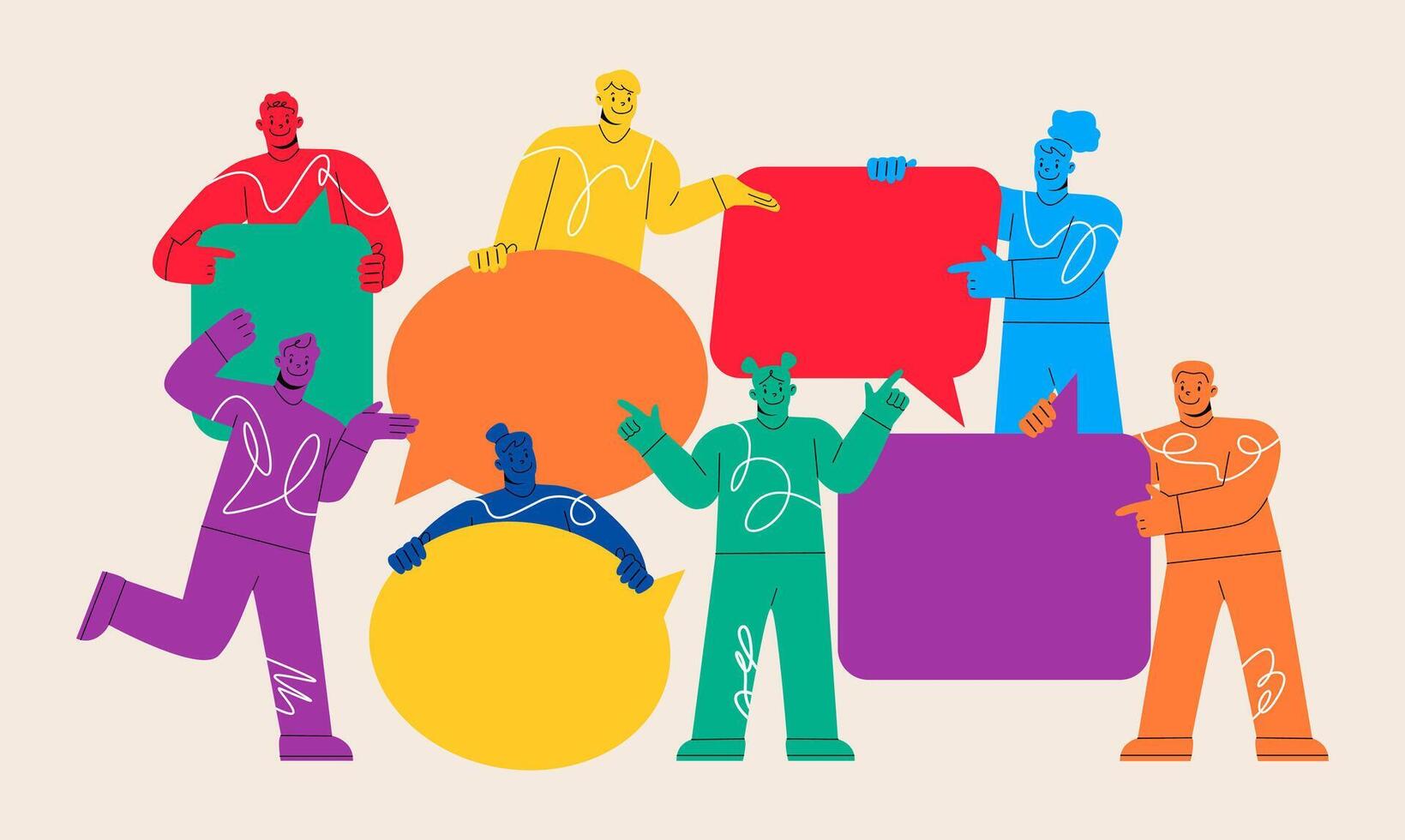 Social network, flat style, news, conversation concept. Diverse character group talking. illustration vector