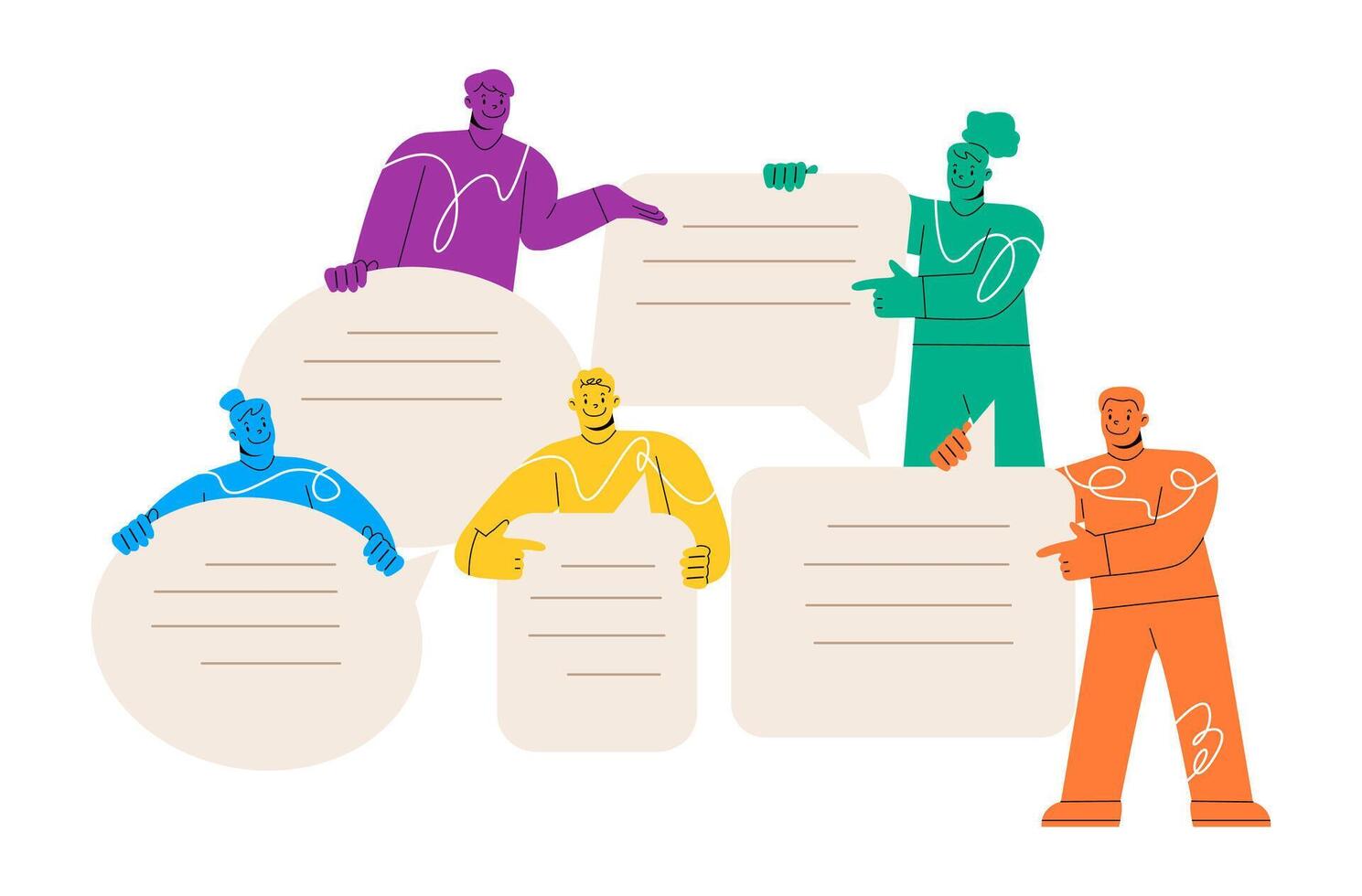 Diverse character group talking. Social network, flat style, news, conversation concept. illustration vector