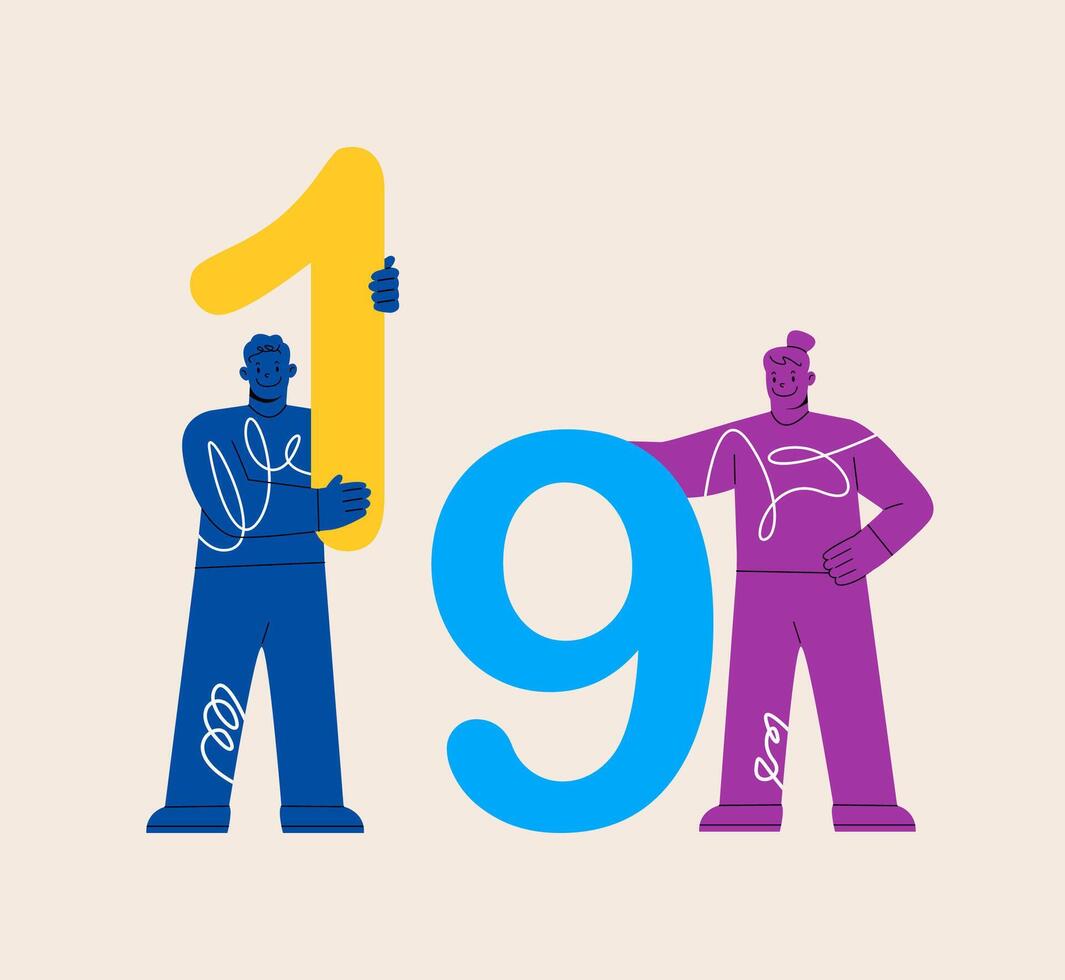 Man and woman hold numbers one and nine. Colorful illustration vector