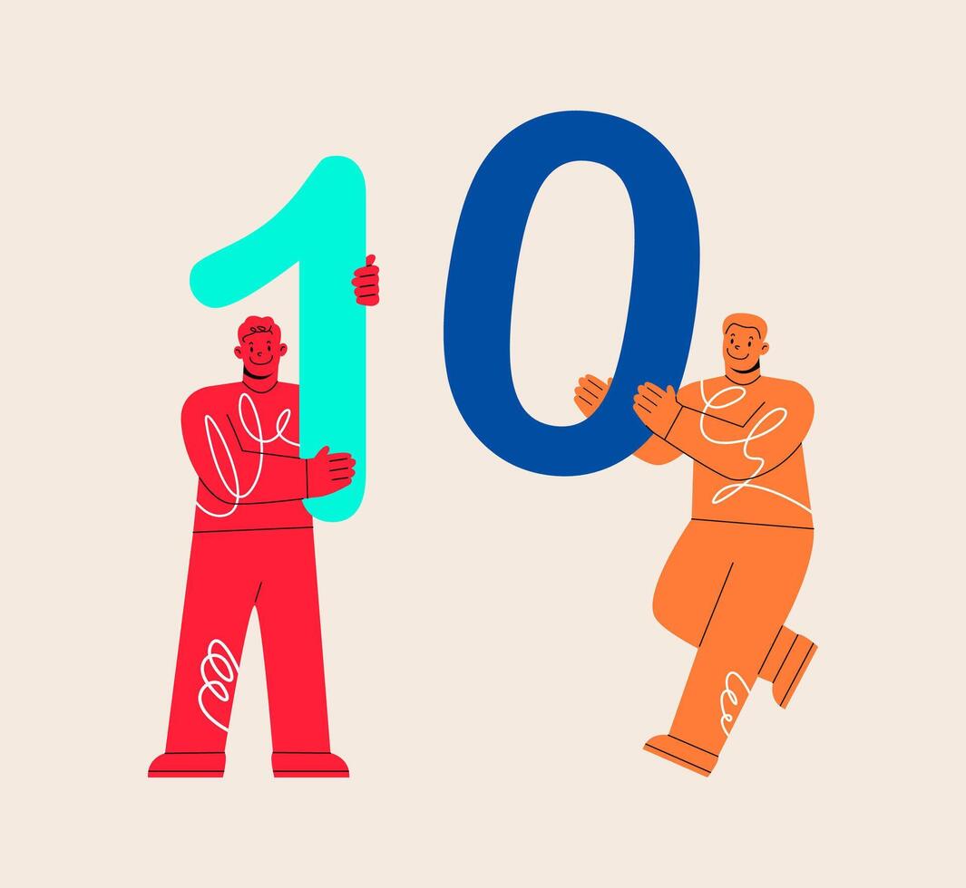 Two men hold numbers one and zero. Colorful illustration vector