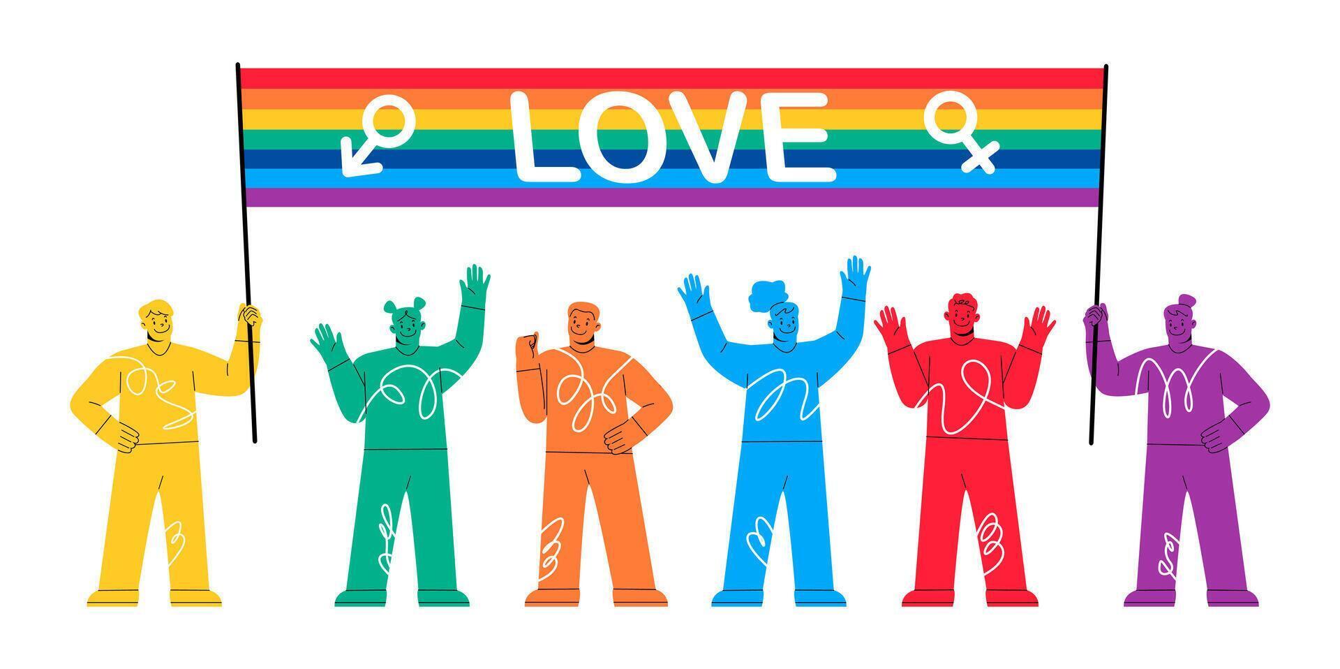 Crowd of people at pride parade holding placards. Men and women at demonstration for LGBT rights. Gay, lesbian, bisexual, transgender activists. Sexual diversity. Colorful illustration vector