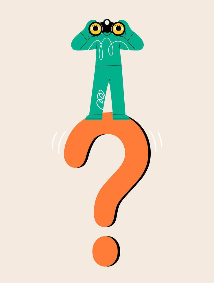 Man with huge question mark look through binoculars to search for new business idea. Colorful illustration vector
