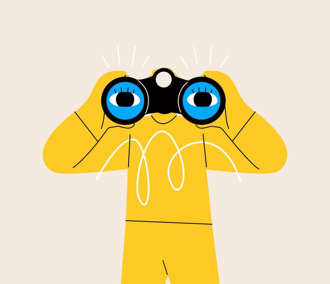 Curious man holding binoculars in hand and looking far away. Search Concept. Colorful illustration vector