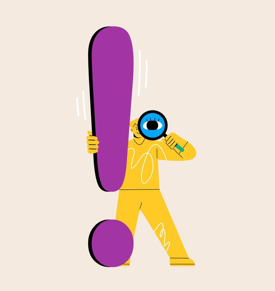 Man with huge exclamation mark look through magnifying glass. Solution concept. Colorful illustration vector