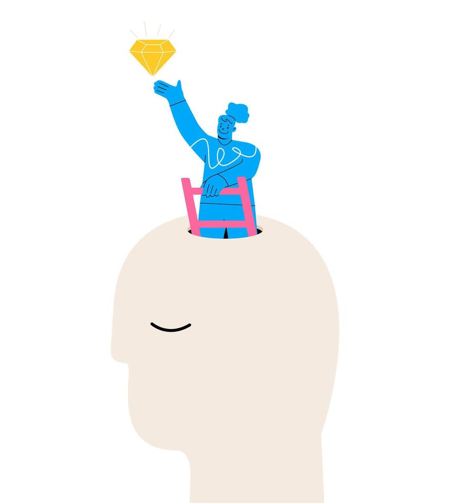 Happy woman succeed finding valuable diamond inside his head. Self discovery and identity finding concept. Colorful illustration vector