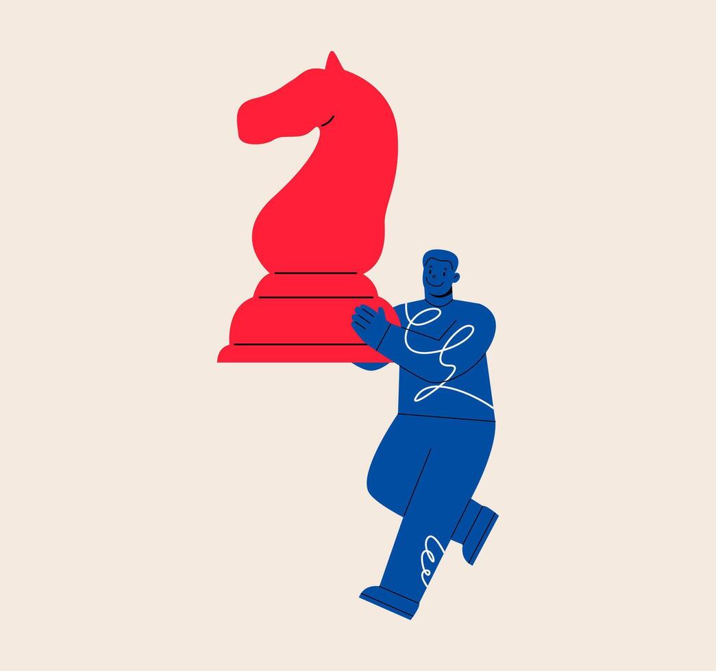 Smart decisions making concept. Man holds big chess figure. Colorful illustration vector