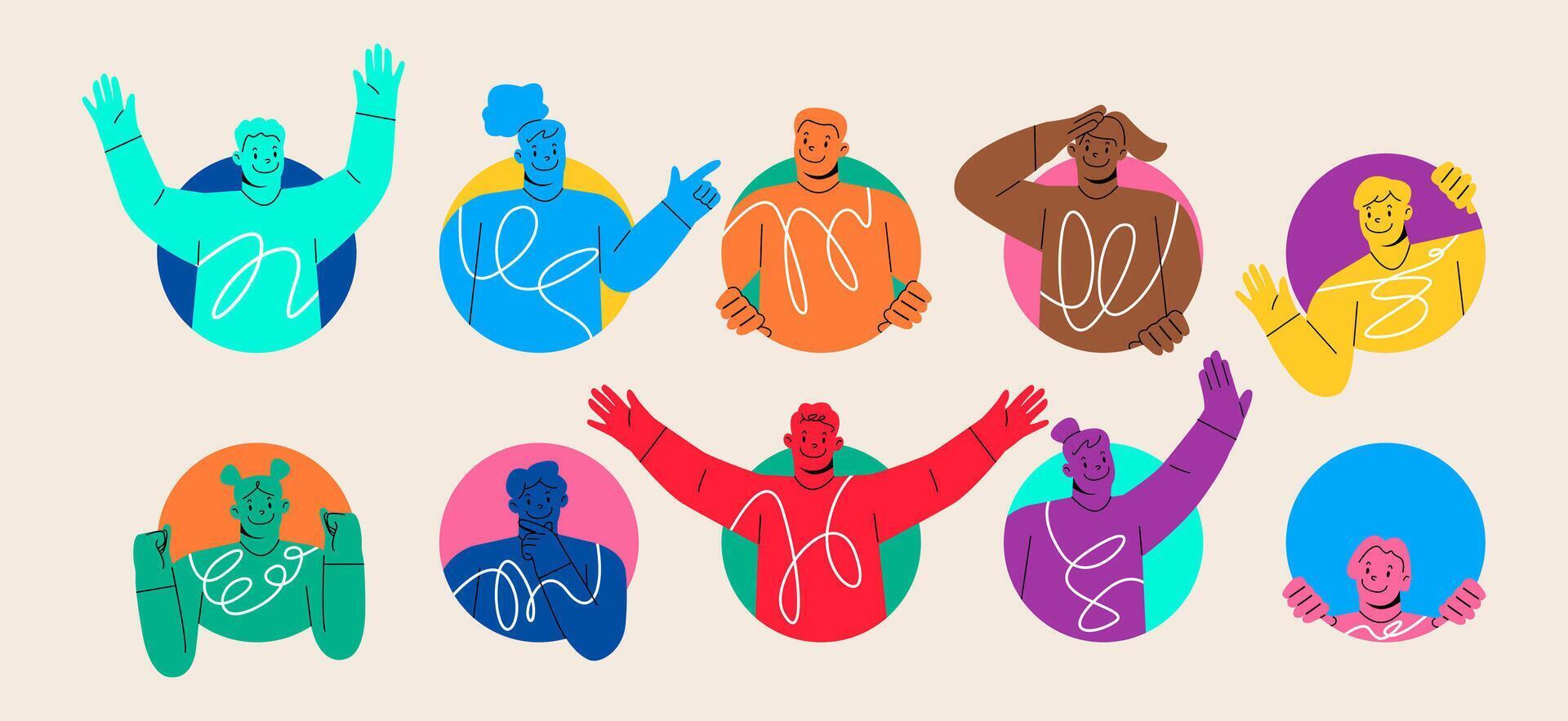 People doing various gestures in a circular frame. Men and women looking out of circle window. Colorful illustration vector