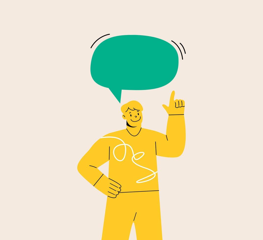 Man pointing at speech bubble. Colorful illustration vector