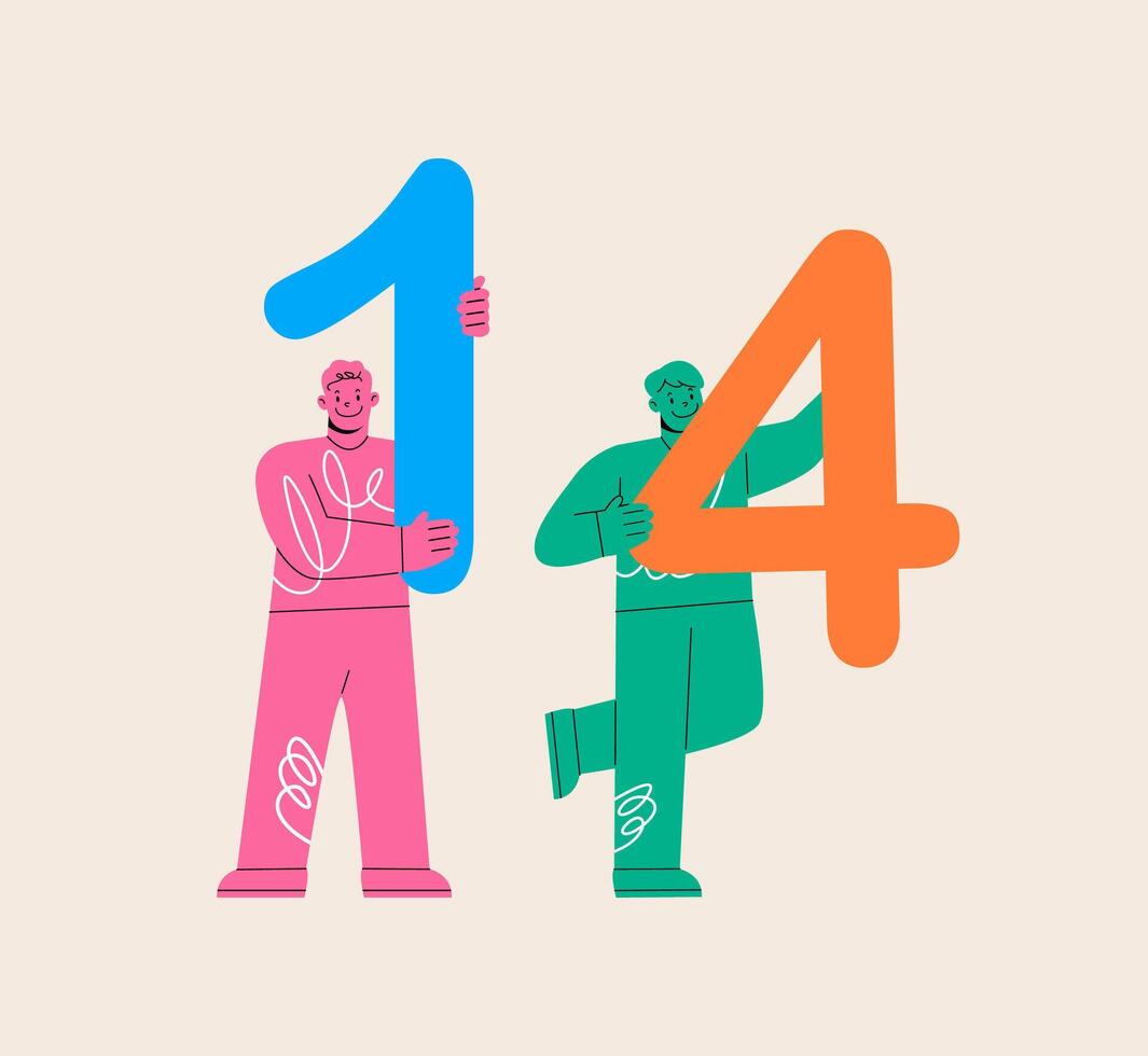 Two men hold numbers one and four. Colorful illustration vector