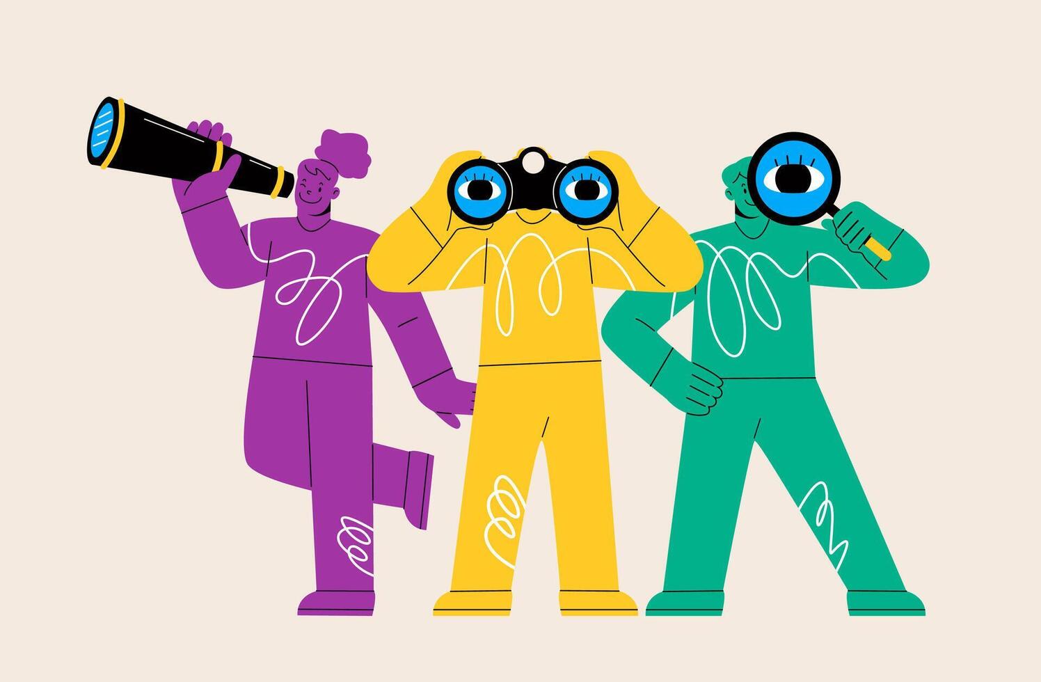 People looking in the direction of future selection of development. Opportunity search concept. Colorful illustration vector