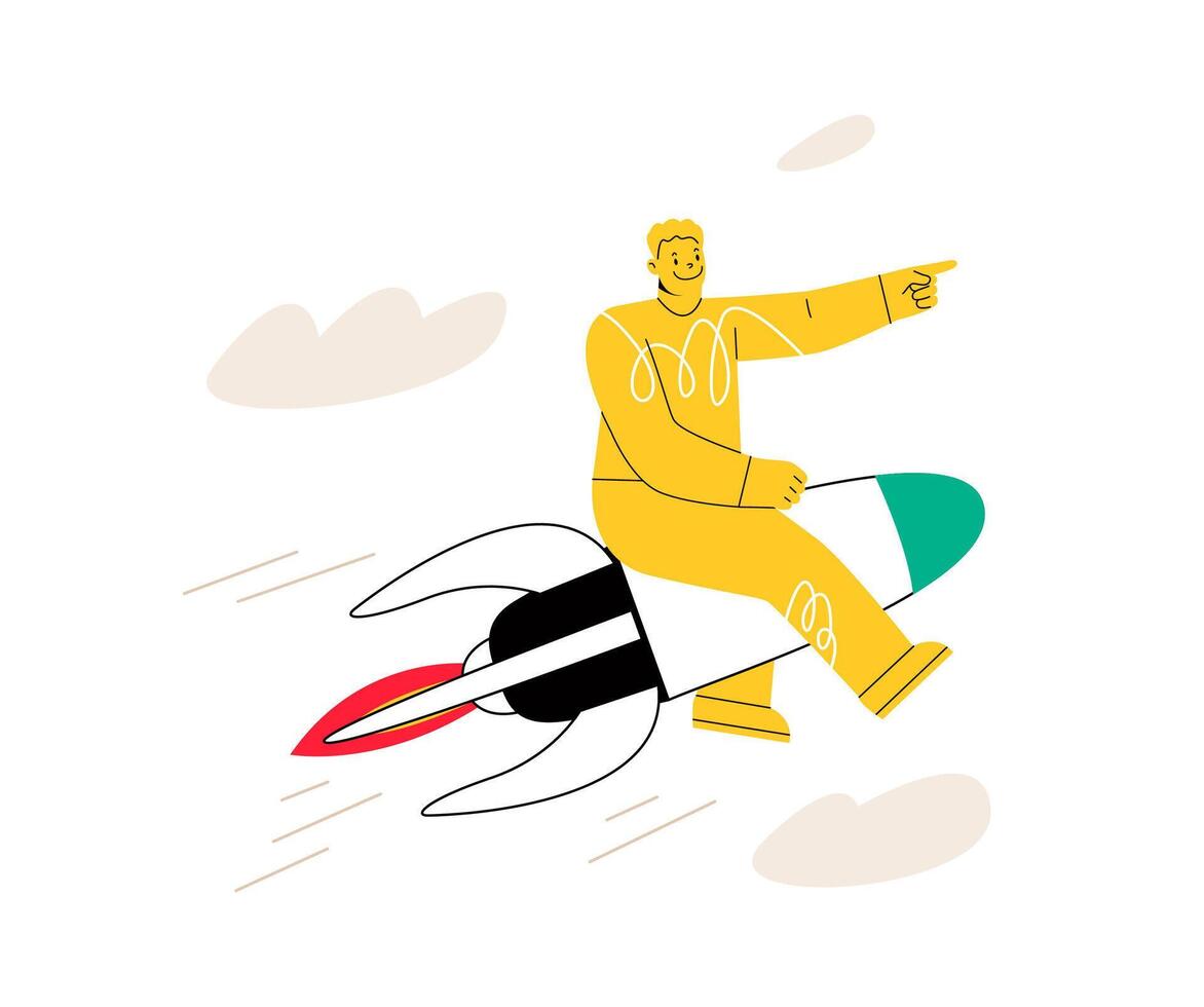 Man sits on a Flying Rocket. A successful startup, a man on the way to a goal. Colorful illustration vector