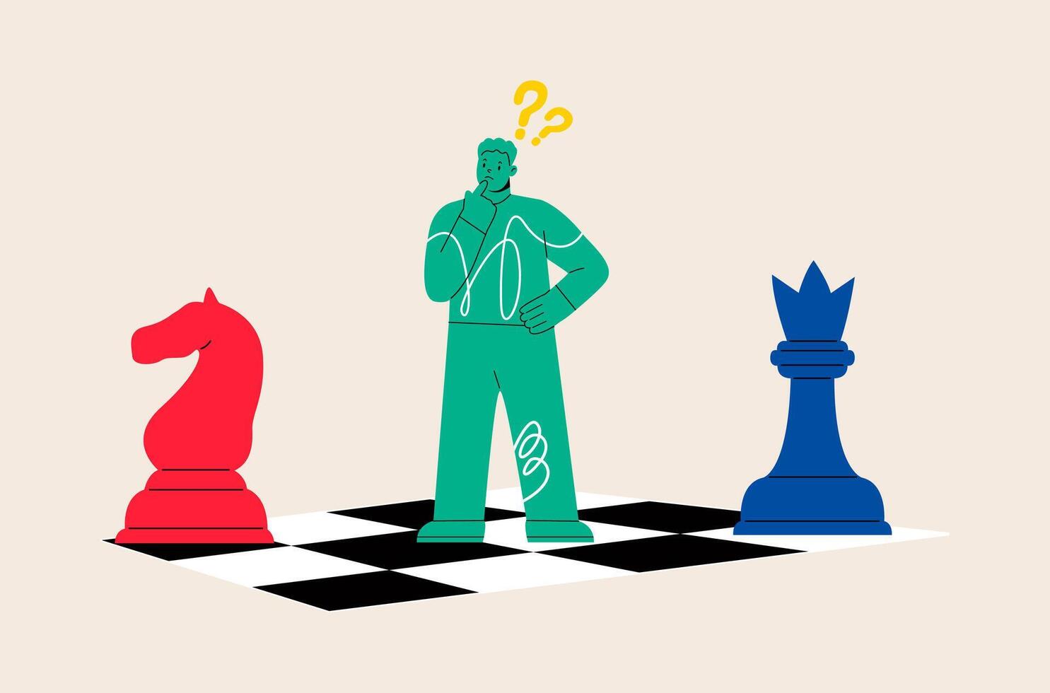 Thoughtful man with chess pieces. Confused man brainstorm consider business risk or challenge. Colorful illustration vector