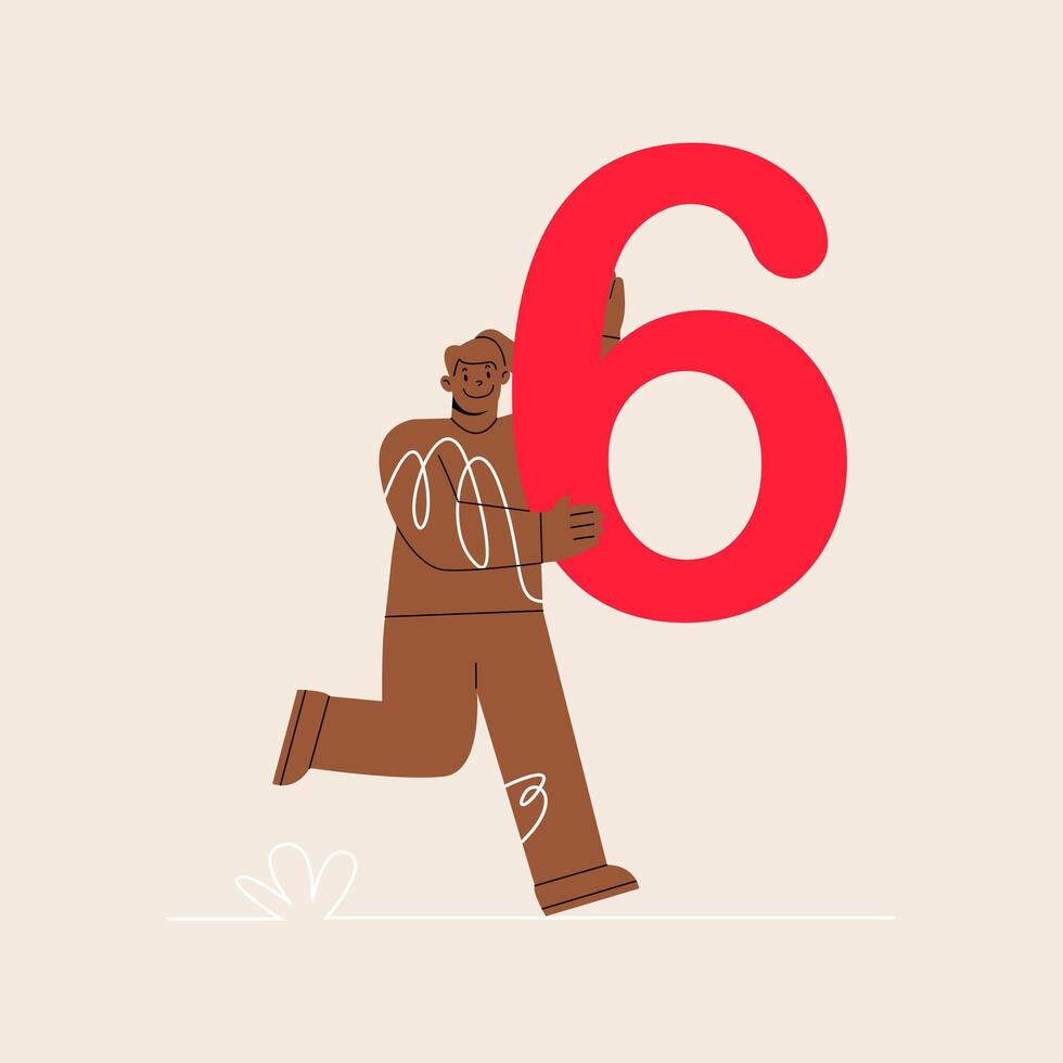 Woman hold big number six. Colorful illustration vector