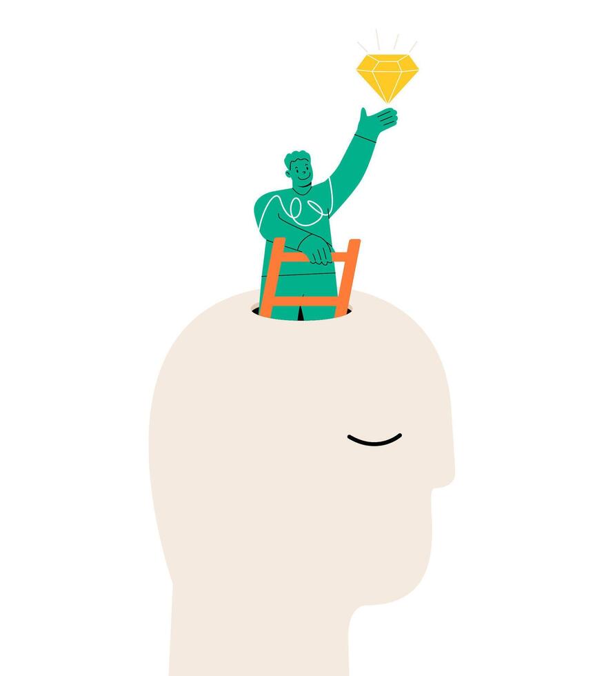 Happy man succeed finding valuable diamond inside his head. Self discovery and identity finding concept. Colorful illustration vector