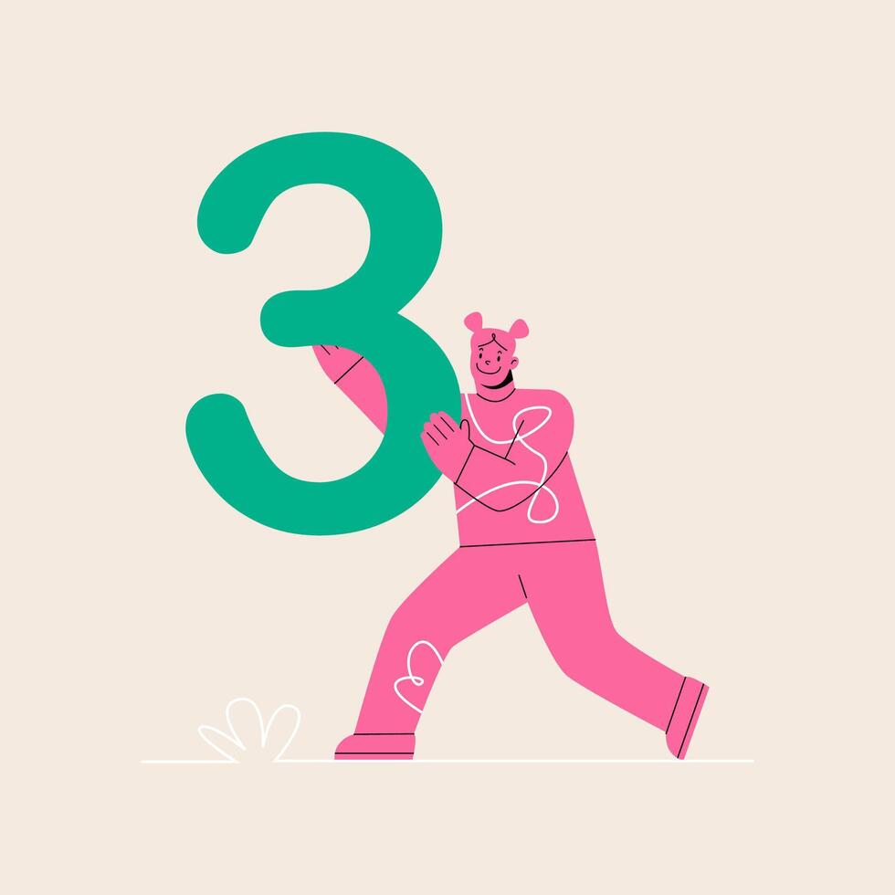 Woman hold big number three. Colorful illustration vector