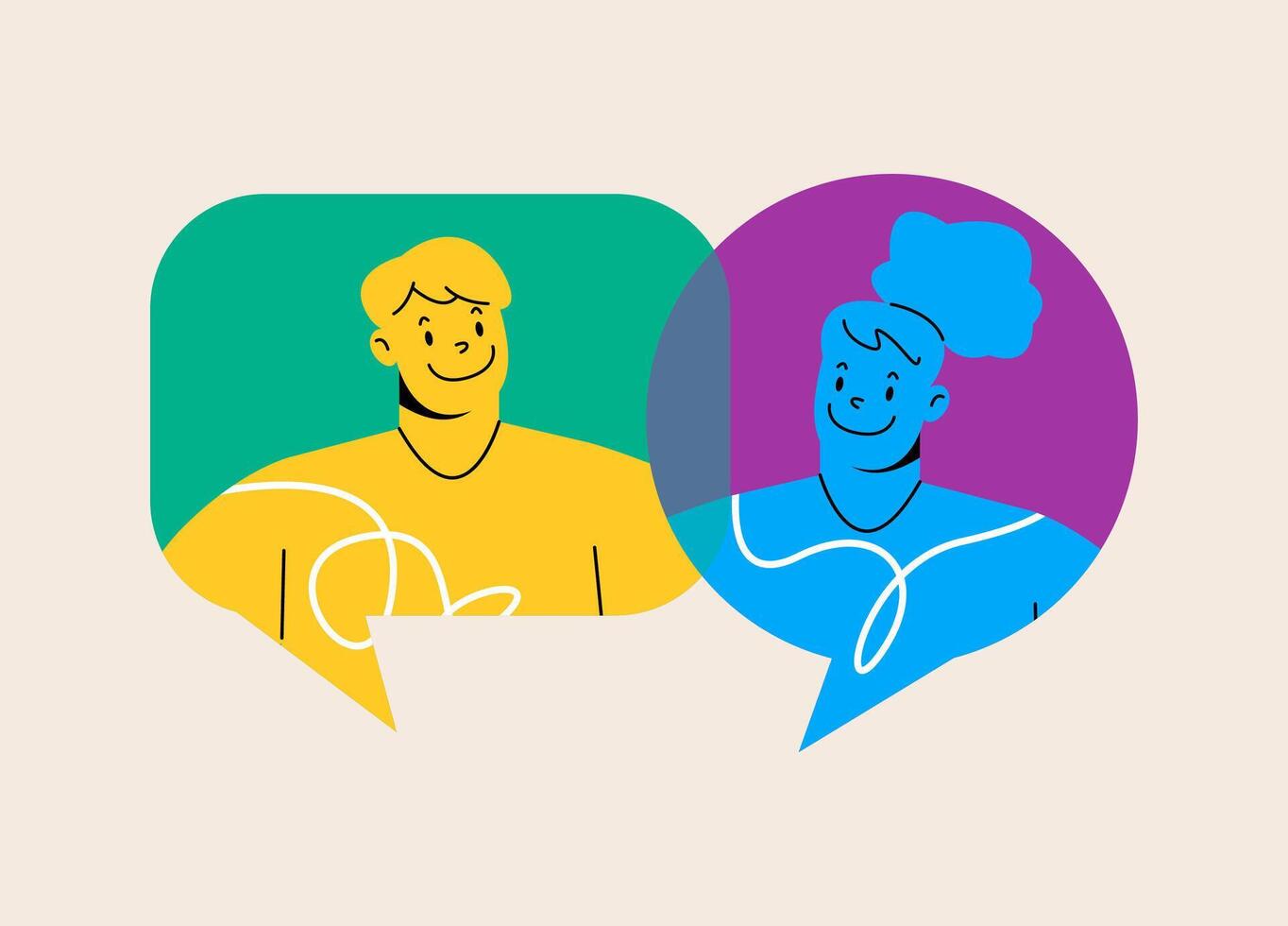 Man and woman talking together. Interactive speech bubbles communication concept. Colorful illustration vector