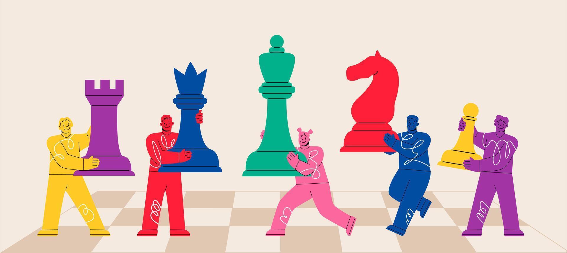Teamwork business and Business strategy concept. Team of diverse man and woman colleagues playing giant chess together. Colorful illustration vector