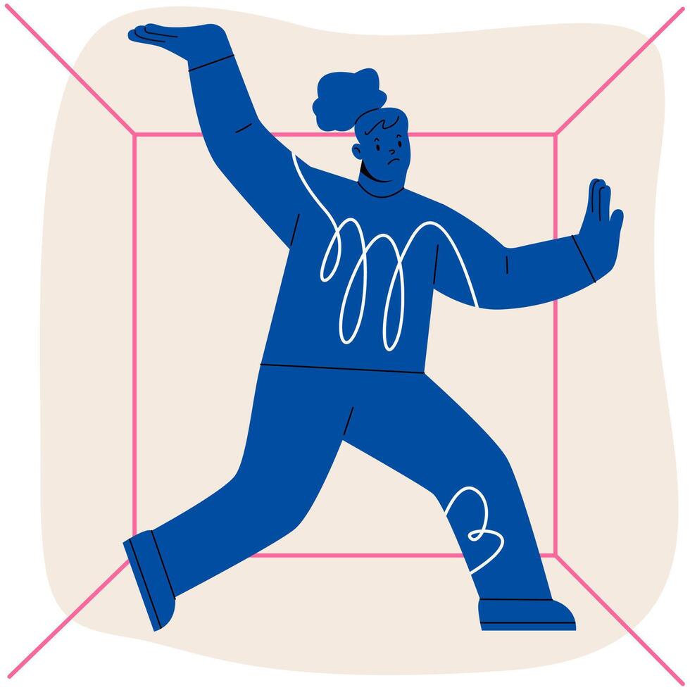 Frightened woman feels cramped in closed space. The concept of claustrophobia. Colorful illustration vector
