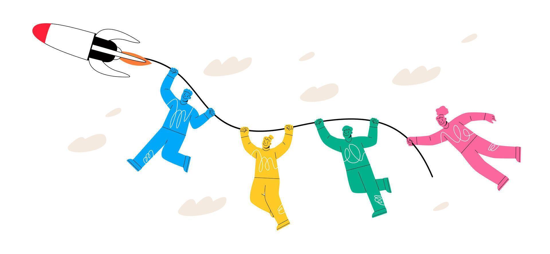 Group of man and woman holding rope from Rocket moving to goal. Success concept. Colorful illustration vector