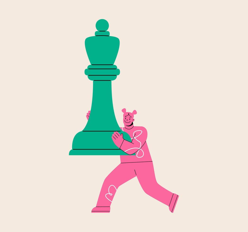 Smart decisions making concept. Woman holds big chess figure. Colorful illustration vector
