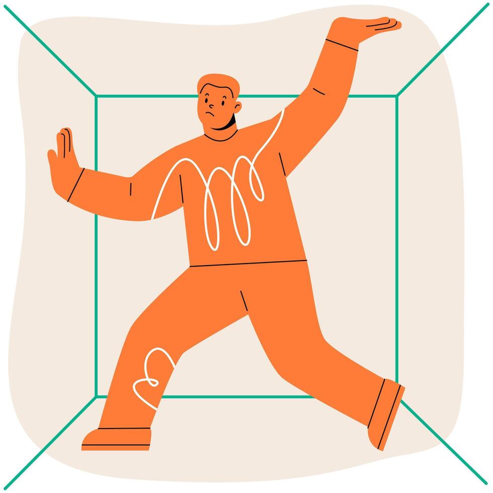 Frightened man feels cramped in closed space. The concept of claustrophobia. Colorful illustration vector