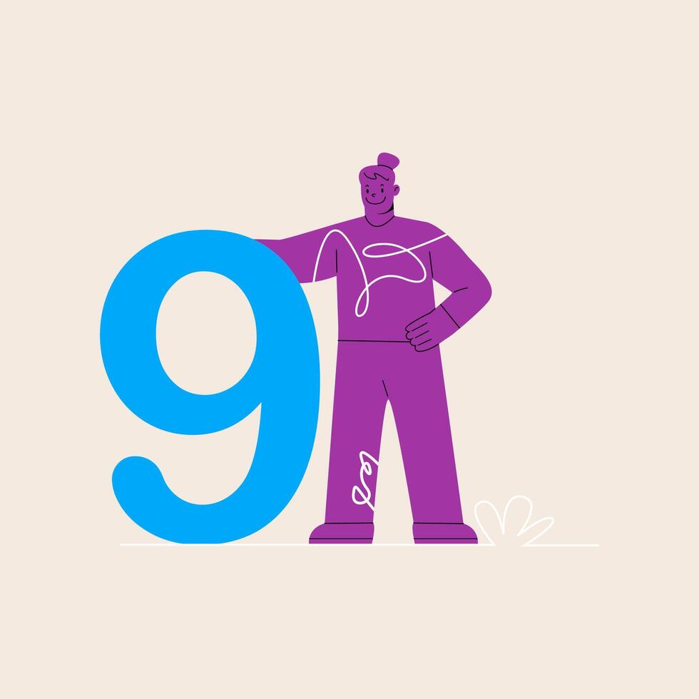 Woman hold big number nine. Colorful illustration vector
