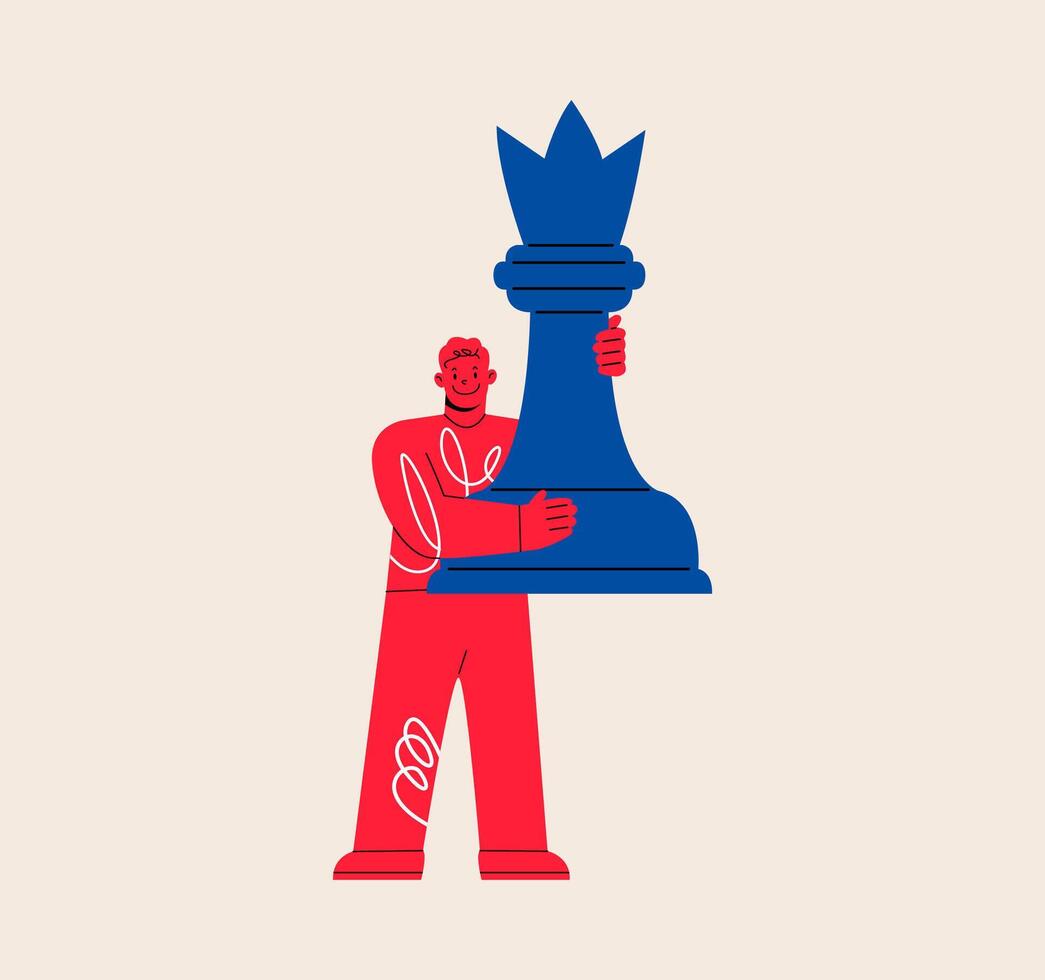 Man holds big chess figure. smart decisions making concept. Colorful illustration vector