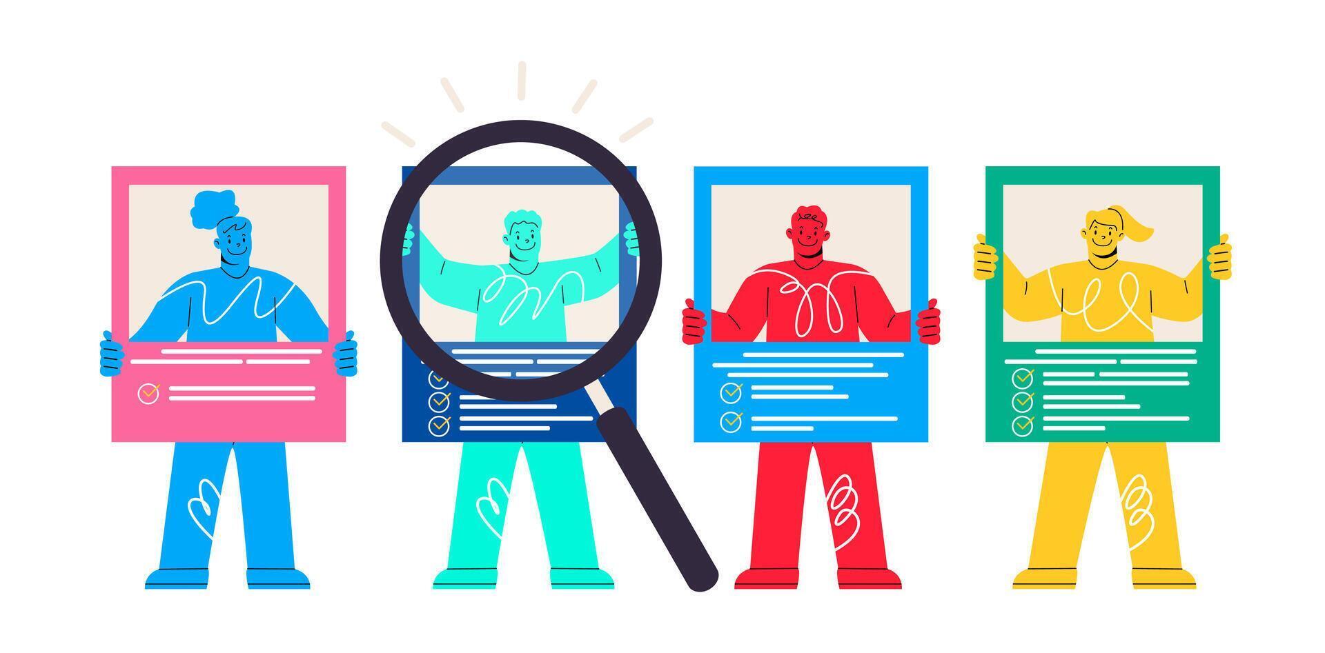 Man and woman send out resumes and look for vacancies to get job. Work Hiring Concept. Colorful illustration vector