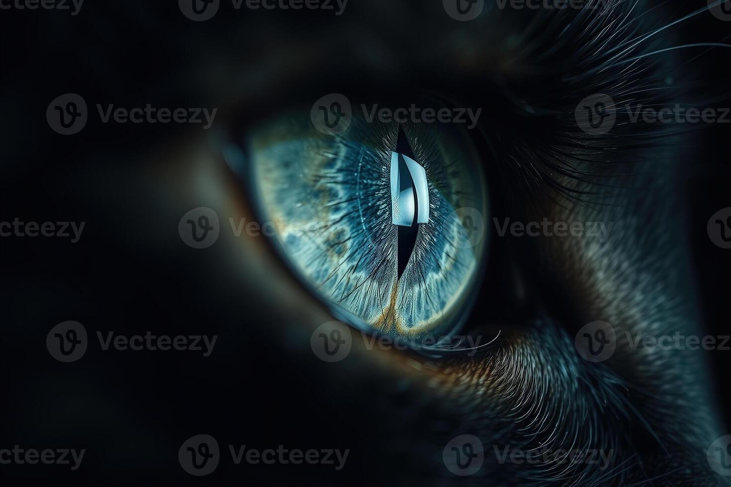 Hyperrealistic Macro Closeup of a Cats Eye with a Deep Blue Iris and Sharp Vertical Pupil in a Dark Surreal Digital Art Style photo