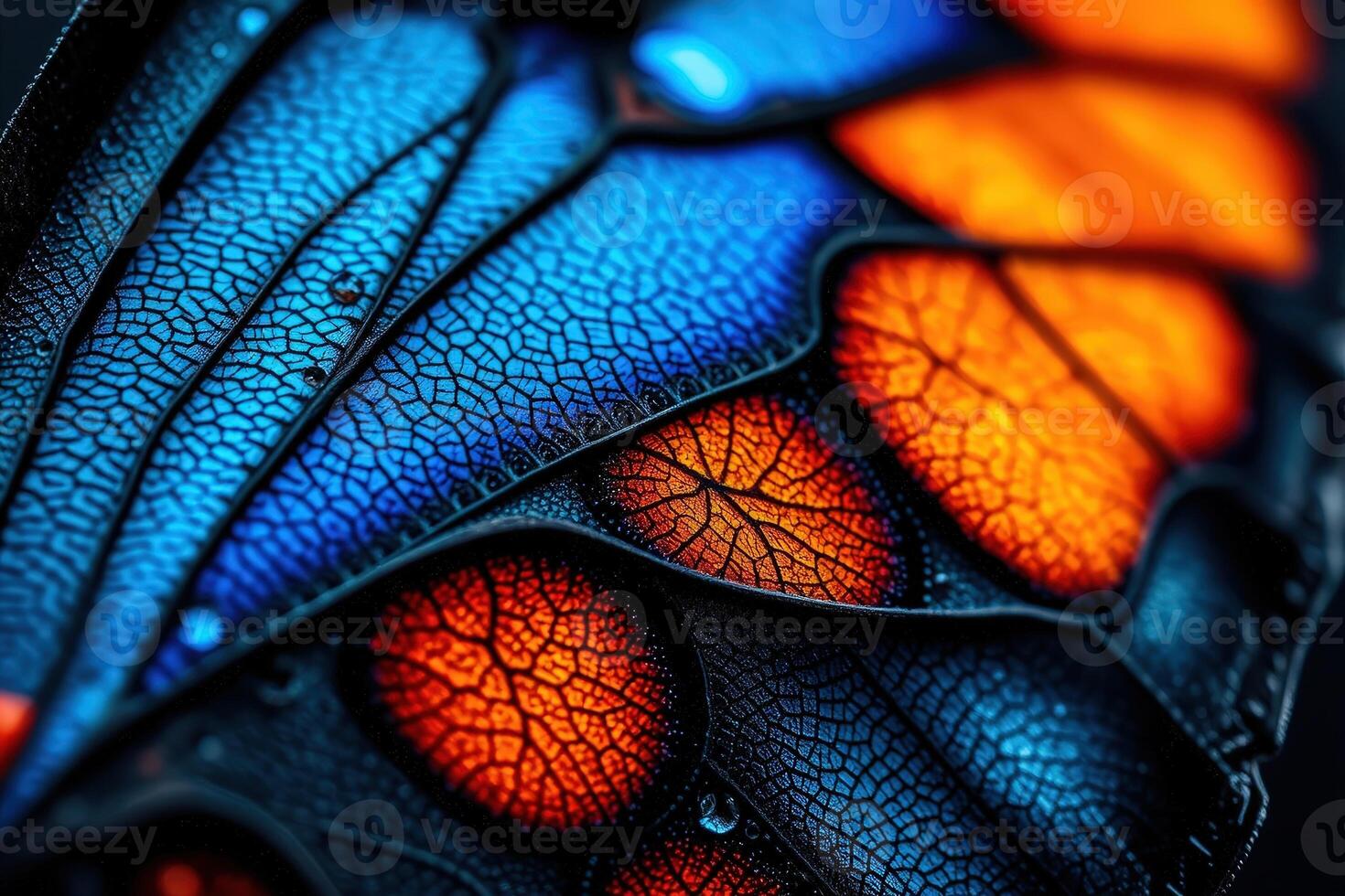 Hyperreal Vibrant Macro Closeup of a Butterfly Wing with Intricate Details and Neon Blue Orange Glow in a Surreal Fantasy Cyberpunk Digital Art Style for Abstract Nature and Creative Design Concepts photo