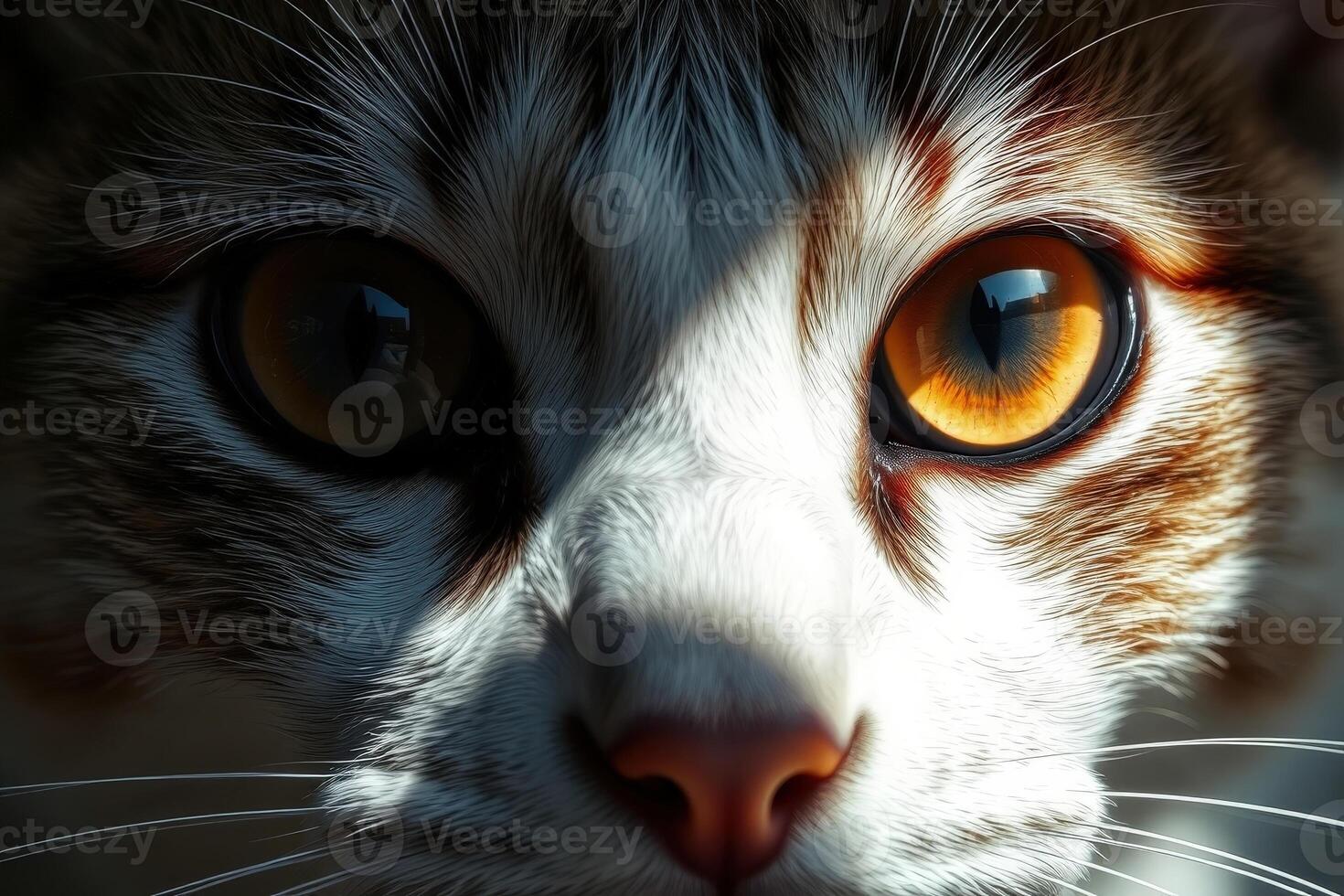 Hyperrealistic Digital Painting of a Cat Face with Mesmerizing Amber Eyes and Detailed Fur in a Dramatic Surreal Art Style photo