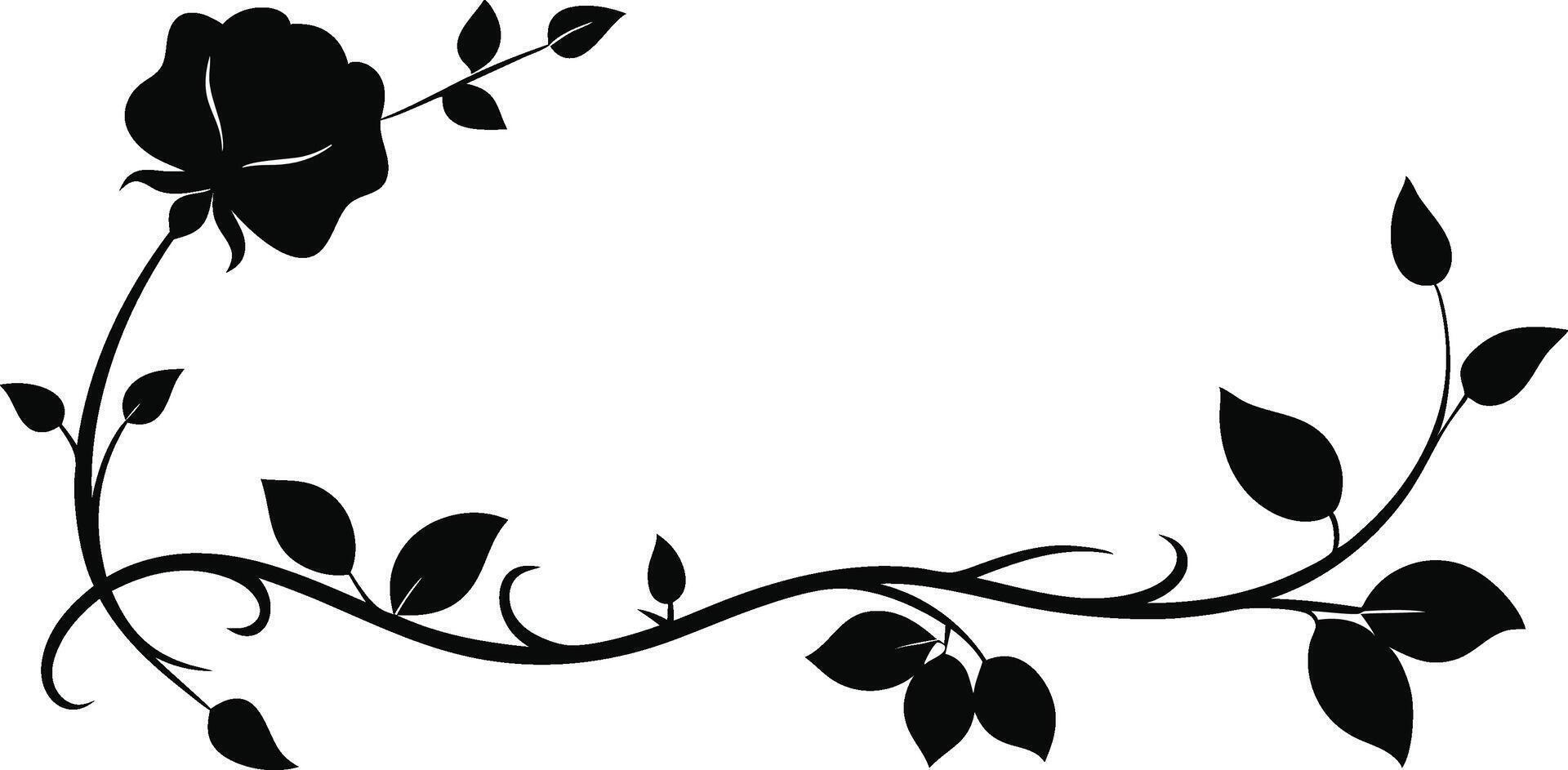 Black and white floral silhouette, elegant rose design, curving vine, stylized leaves, minimalist botanical illustration, decorative border element, organic curves vector
