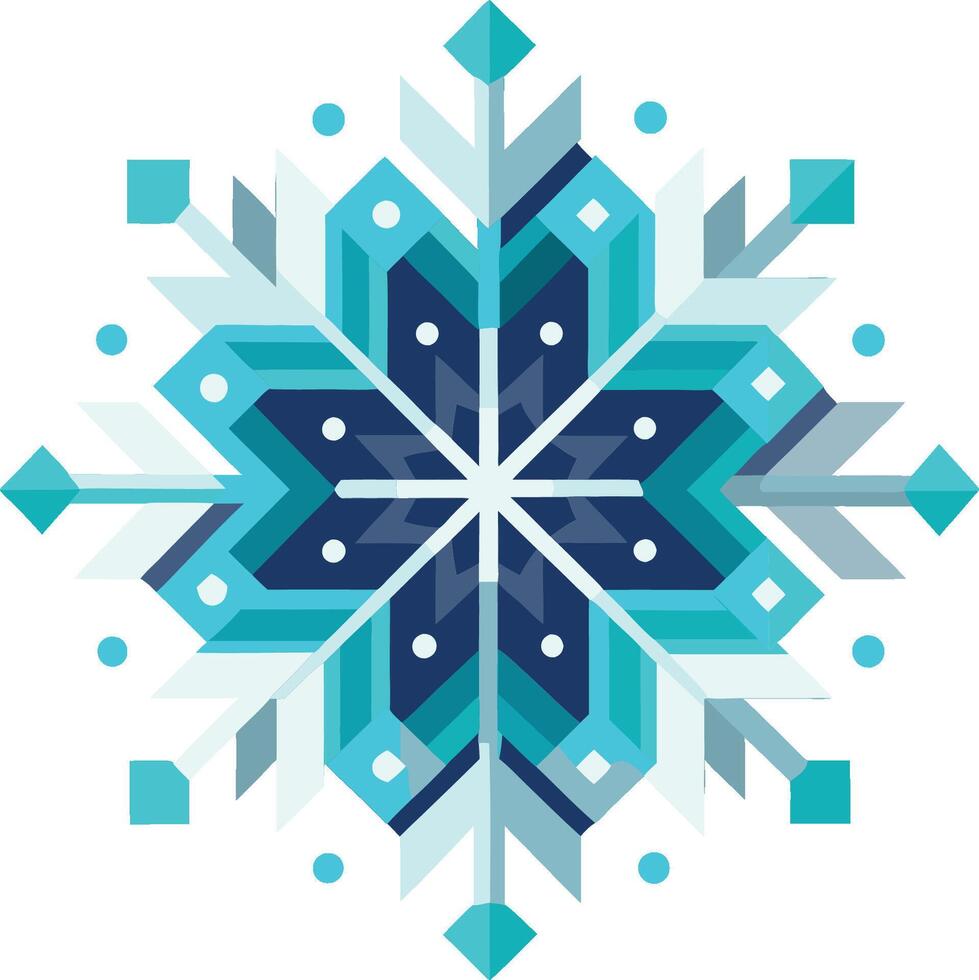 Geometric snowflake design, symmetrical pattern, turquoise and navy blue colors, abstract winter motif, clean lines, art style, modern Nordic aesthetic vector