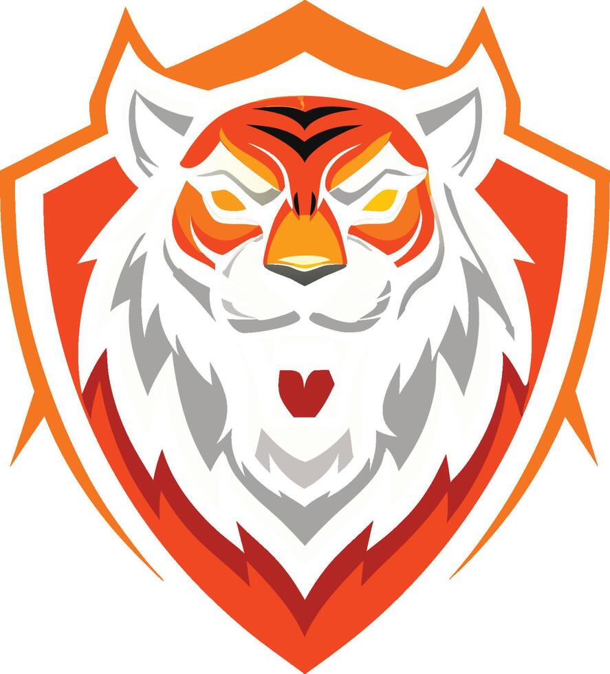 Stylized tiger logo, geometric design, orange and white color scheme, shield emblem, fierce expression, minimalist art style, graphics, bold lines, symmetrical composition, mascot symbol, vector