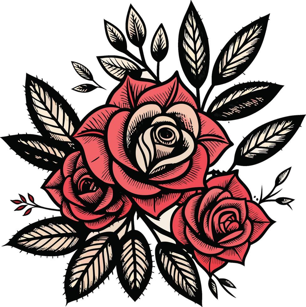 Vintage botanical illustration, red roses, black and white leaves, woodcut style, detailed linework, high contrast, symmetrical composition, graphic design vector